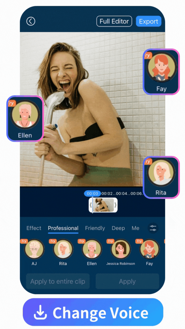 UI of PowerDirector's AI voice changer feature and support voices